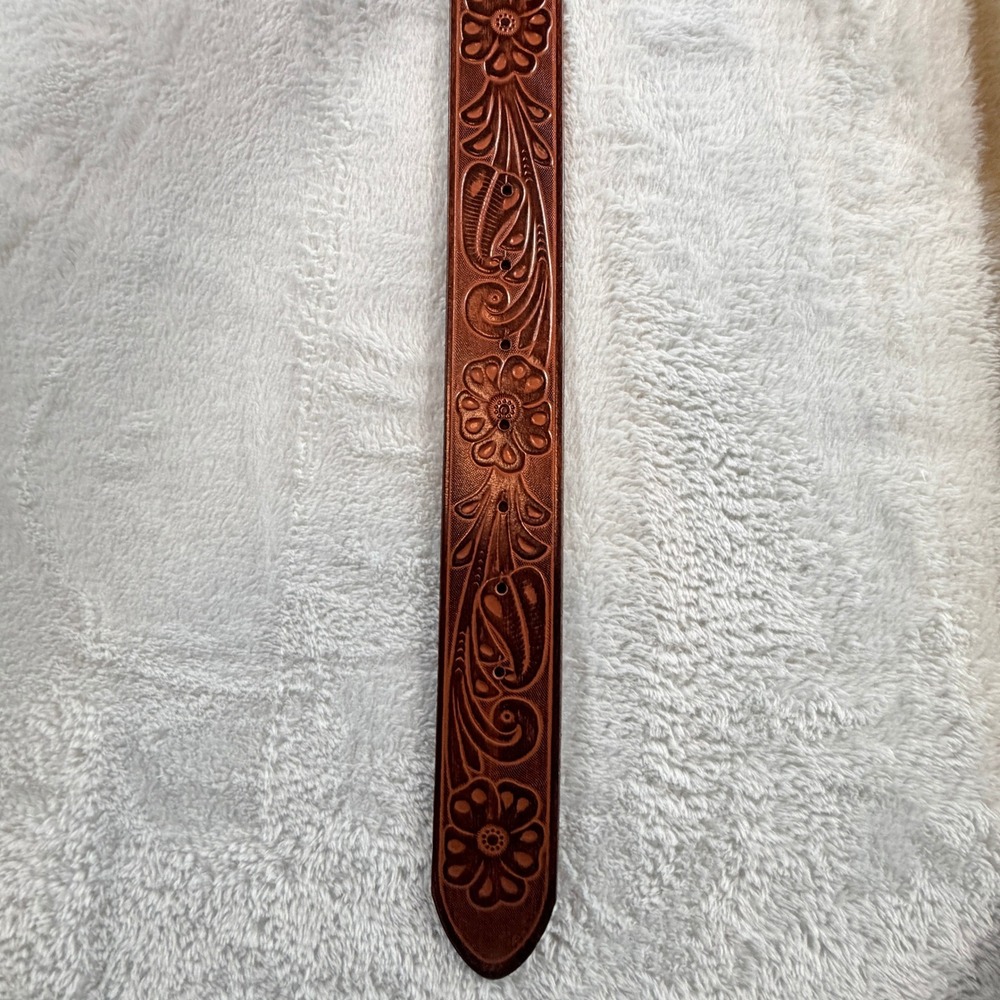Kacey Lee Western Floral Embossed Genuine Leather Longhorn Belt 2XL Brown New - Picture 6 of 10